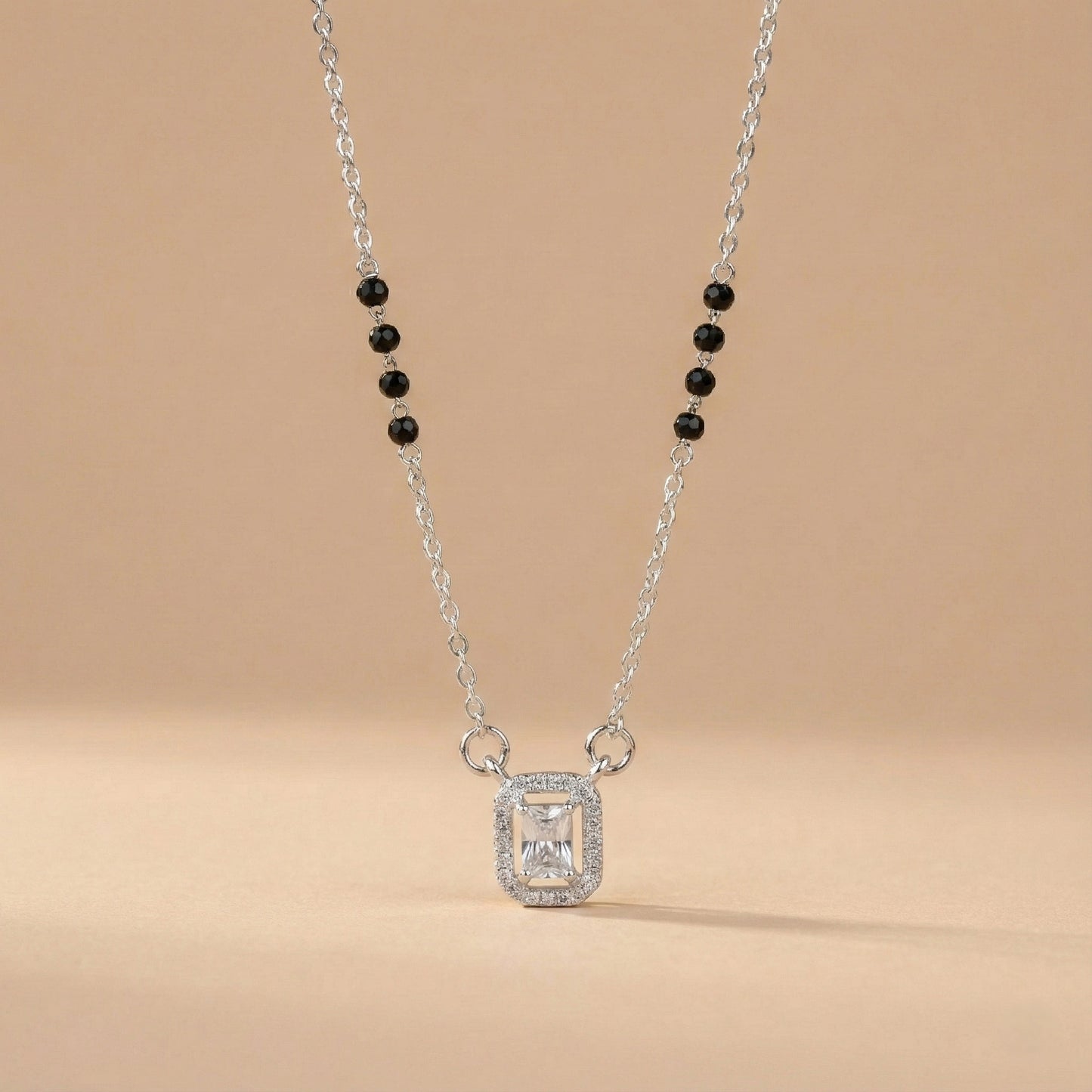 Black bead mangalsutra necklace with rectangular diamond-style charm