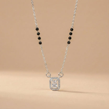 Black bead mangalsutra necklace with rectangular diamond-style charm