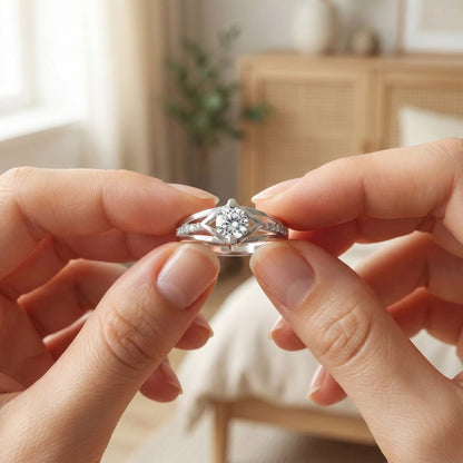 Close-up of hands holding a silver ring with a diamond in a softly blurred indoor setting