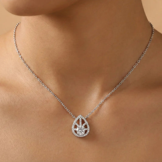 Teardrop-shaped diamond necklace on a person's neck