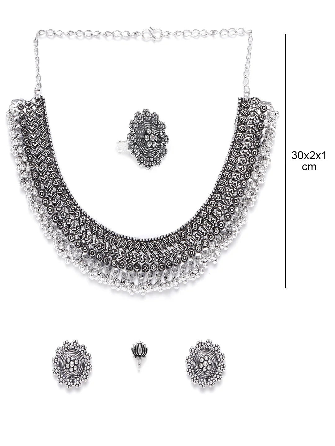 German Silver Oxidised Ghungroo Jewellery Set With Ring & Nosepin