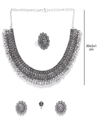 German Silver Oxidised Ghungroo Jewellery Set With Ring & Nosepin
