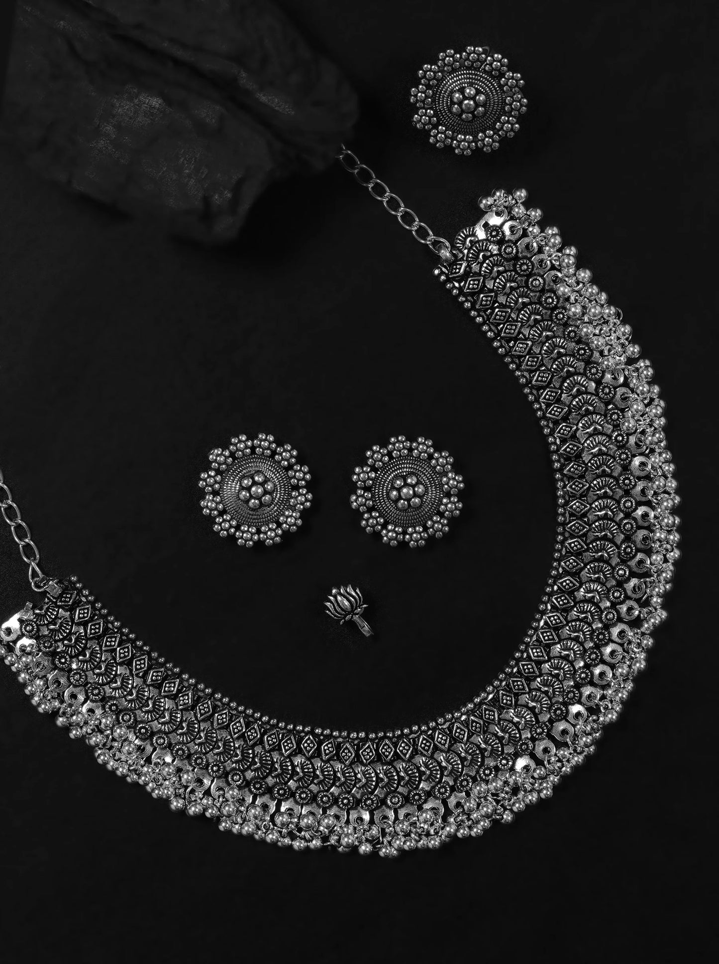 German Silver Oxidised Ghungroo Jewellery Set With Ring & Nosepin