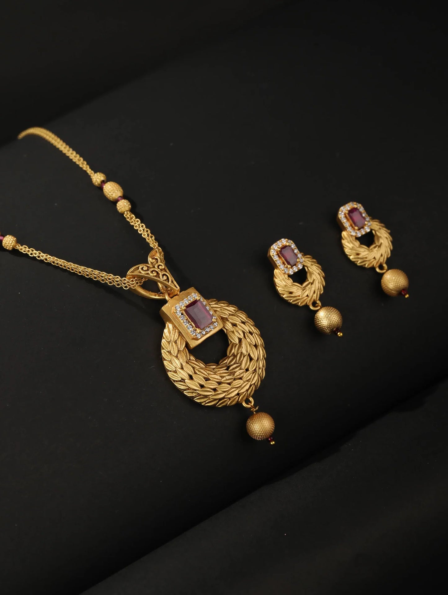 Leaf Twirl - Maroon Ruby American Diamond Gold Plated Jewellery Set