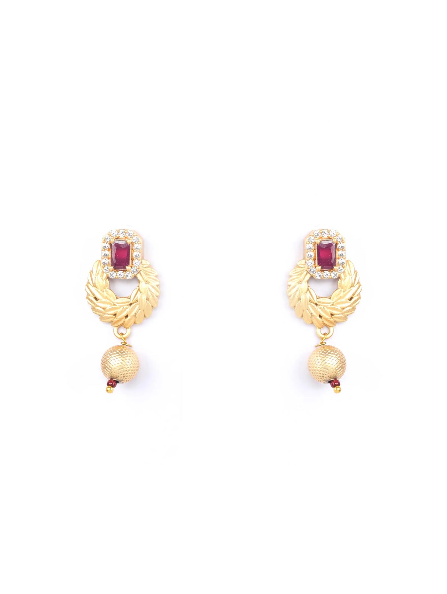 Leaf Twirl - Maroon Ruby American Diamond Gold Plated Jewellery Set