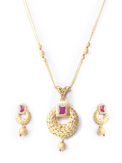 Leaf Twirl - Maroon Ruby American Diamond Gold Plated Jewellery Set
