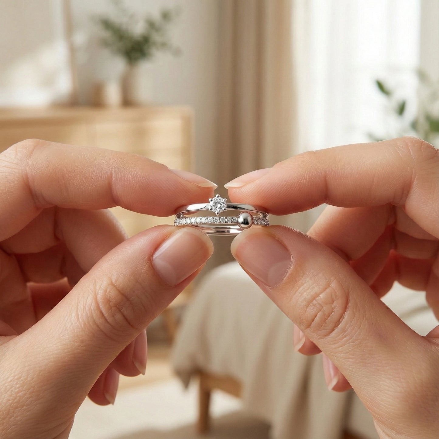 Two hands holding a silver ring with a diamond in a blurred indoor setting