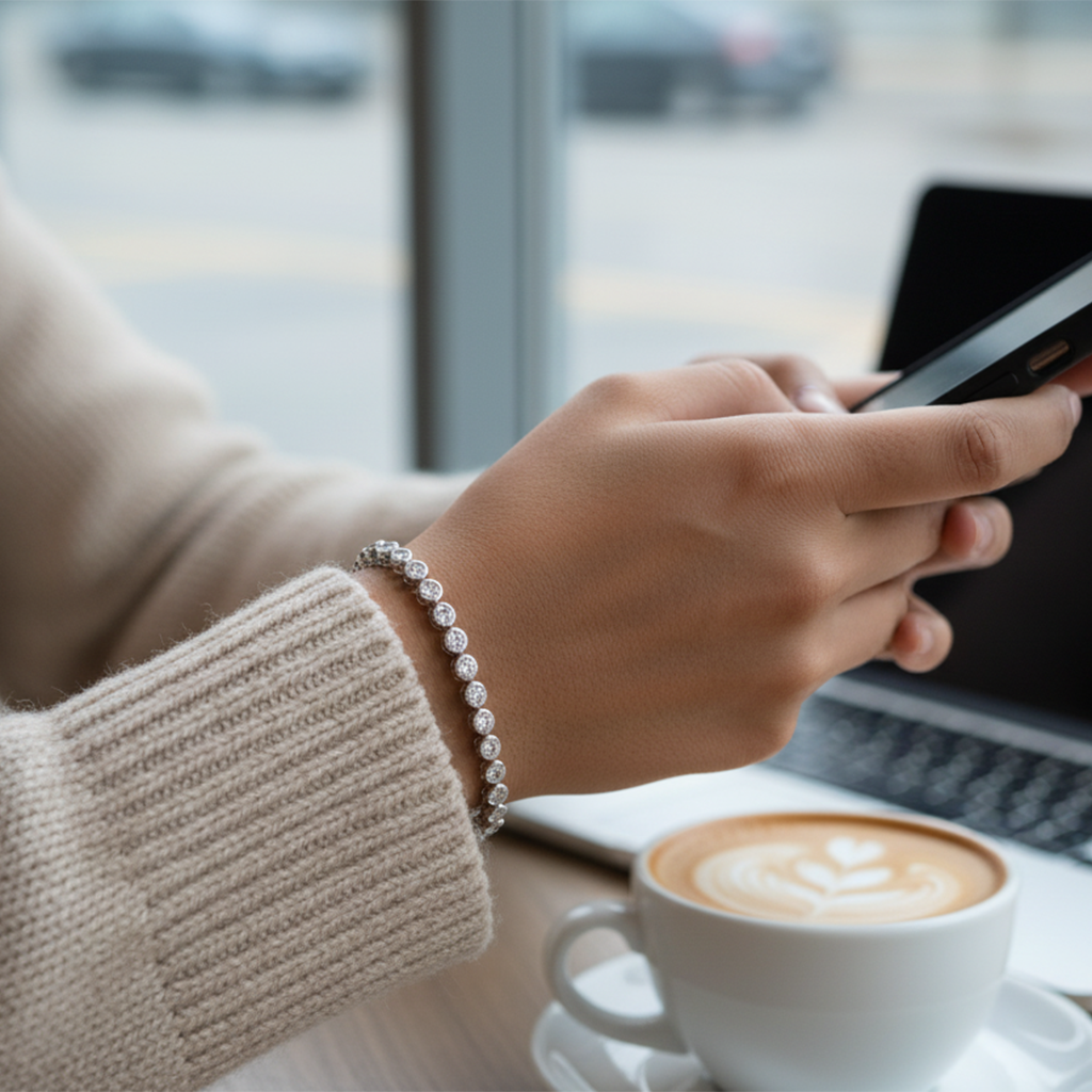 Person using a smartphone with a cup of coffee and laptop in the background