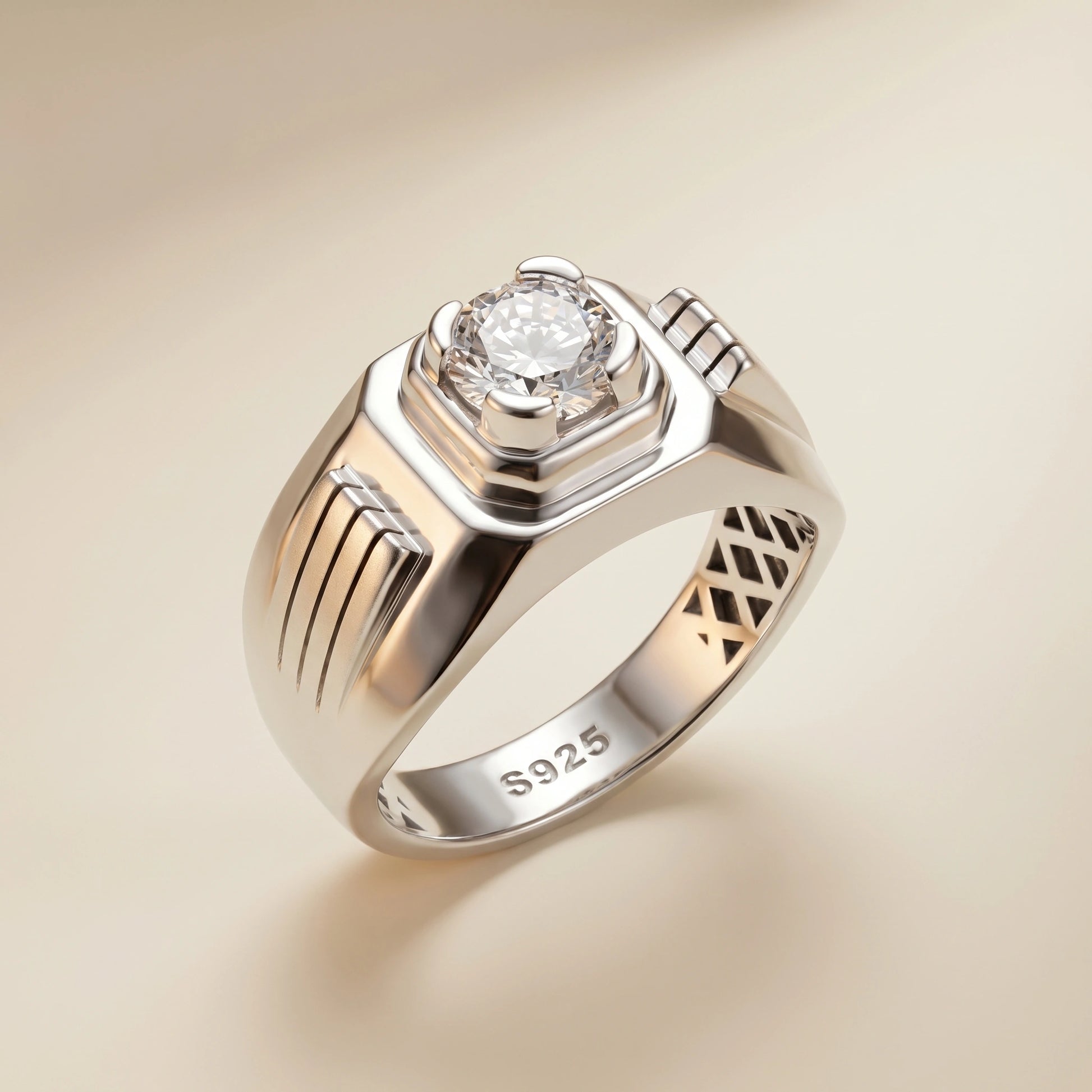 Silver ring with a diamond on a beige background