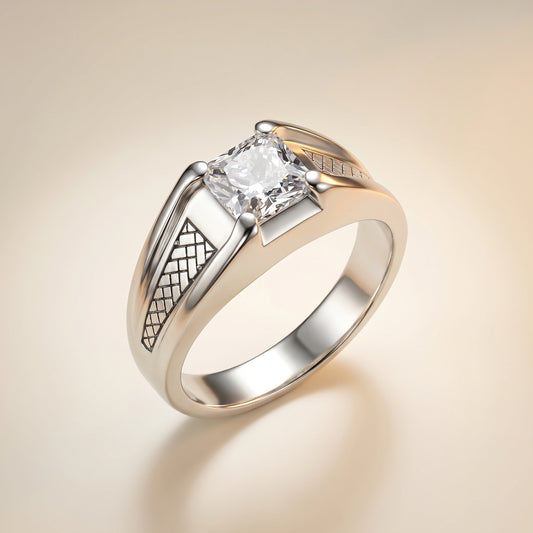 Silver ring with a prominent diamond on a beige background