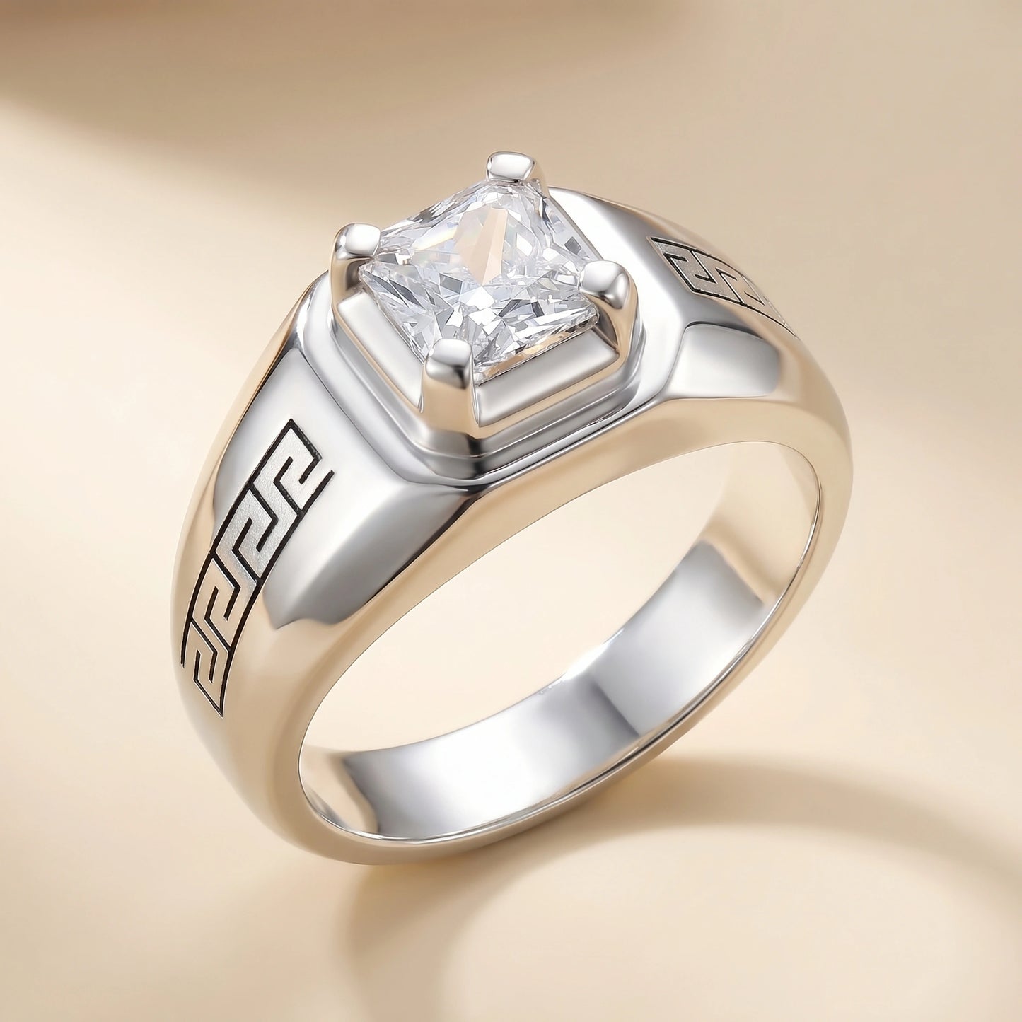Silver ring with a diamond on a beige background