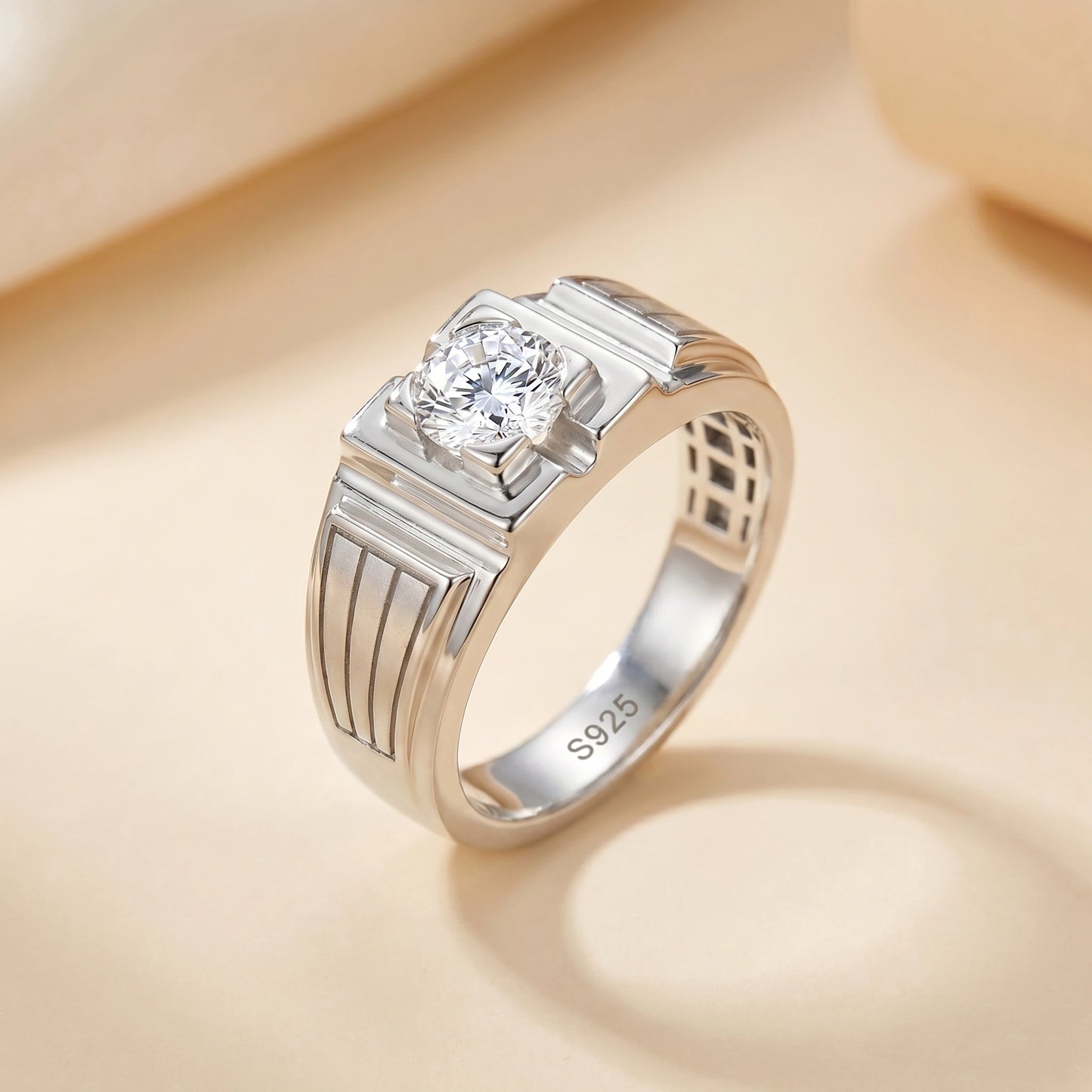 Round Solitaire Ring in 925 Silver Jewellery with Structured Professional Band Design