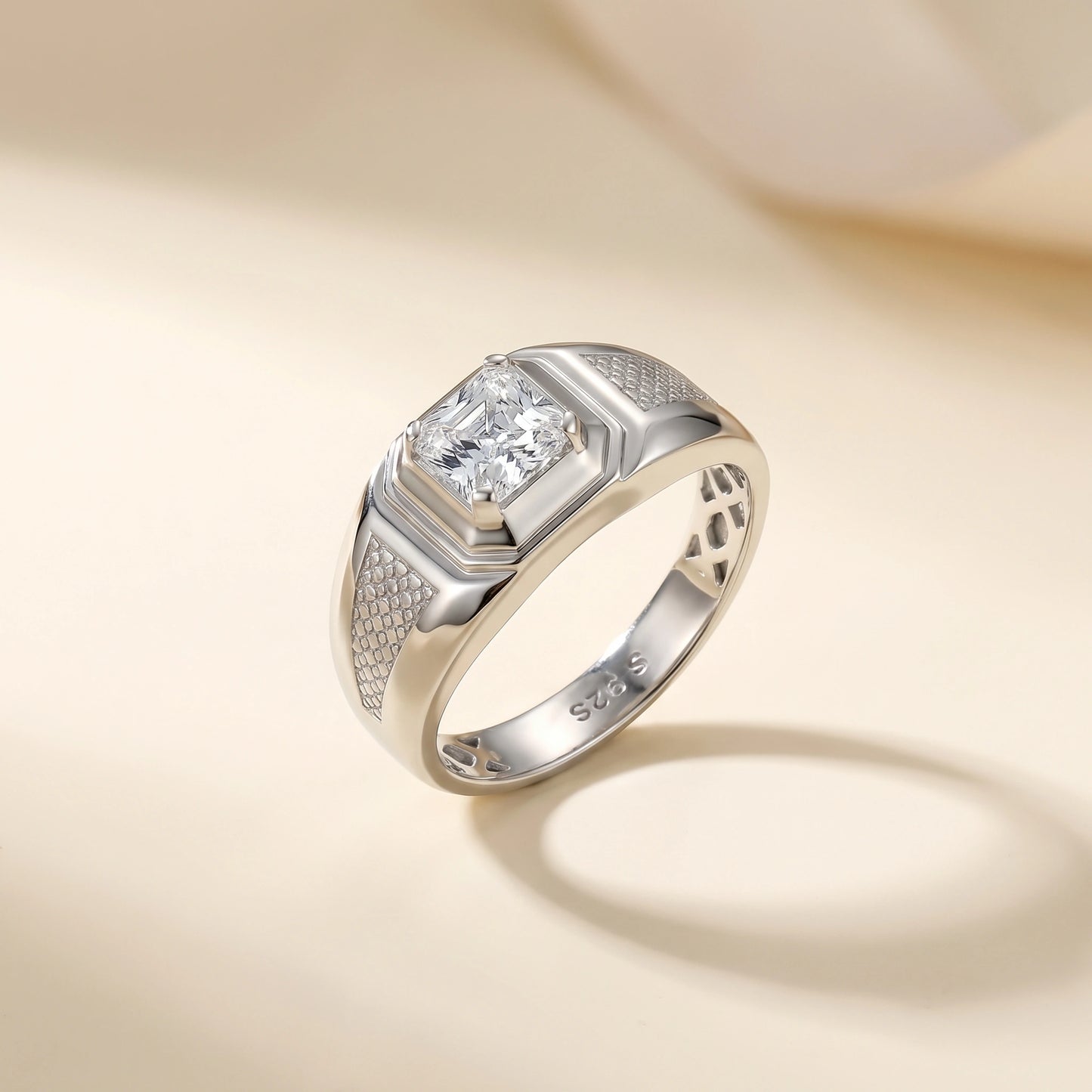 Asscher Cut Solitaire Ring in 925 Silver Jewellery with Textured Designer Band