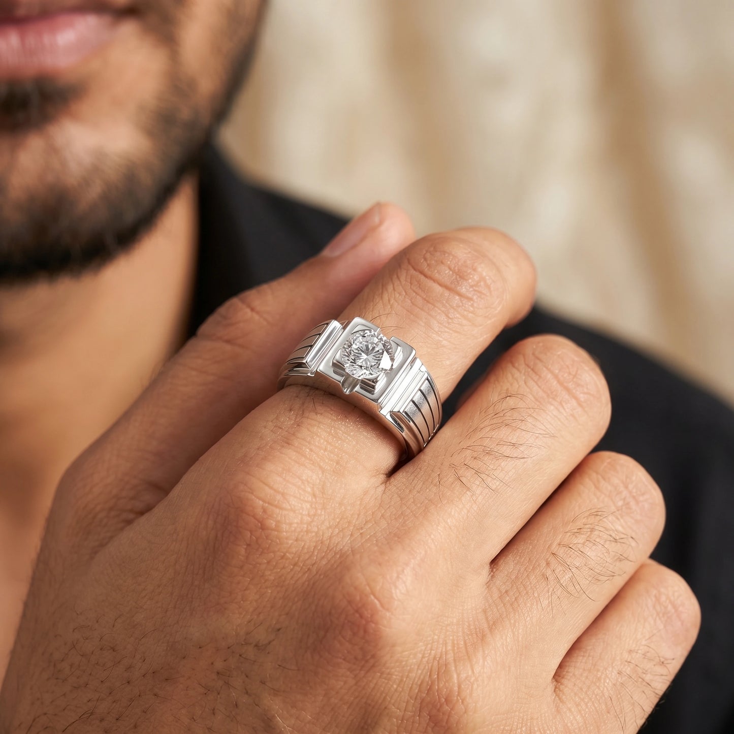 Round Solitaire Ring in 925 Silver Jewellery with Structured Professional Band Design