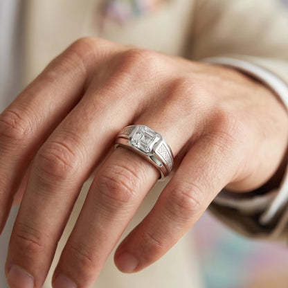 Asscher Cut Solitaire Ring in 925 Silver Jewellery with Textured Designer Band