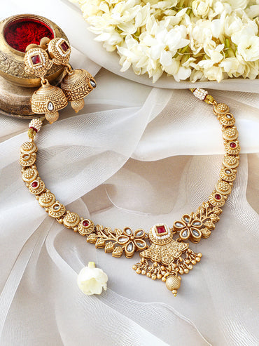 Dazzling Red Gold Plated Short Necklace Set
