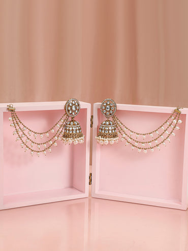 Splendid White Kundan Jhumka with Kaan Chain