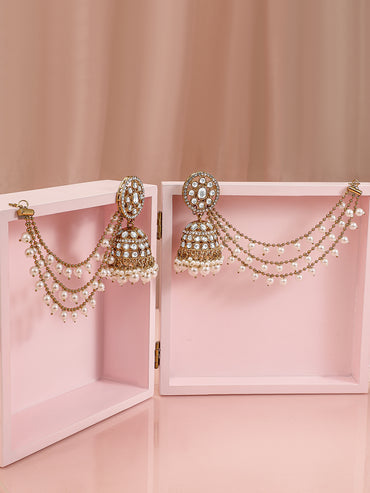 Splendid White Kundan Jhumka with Kaan Chain