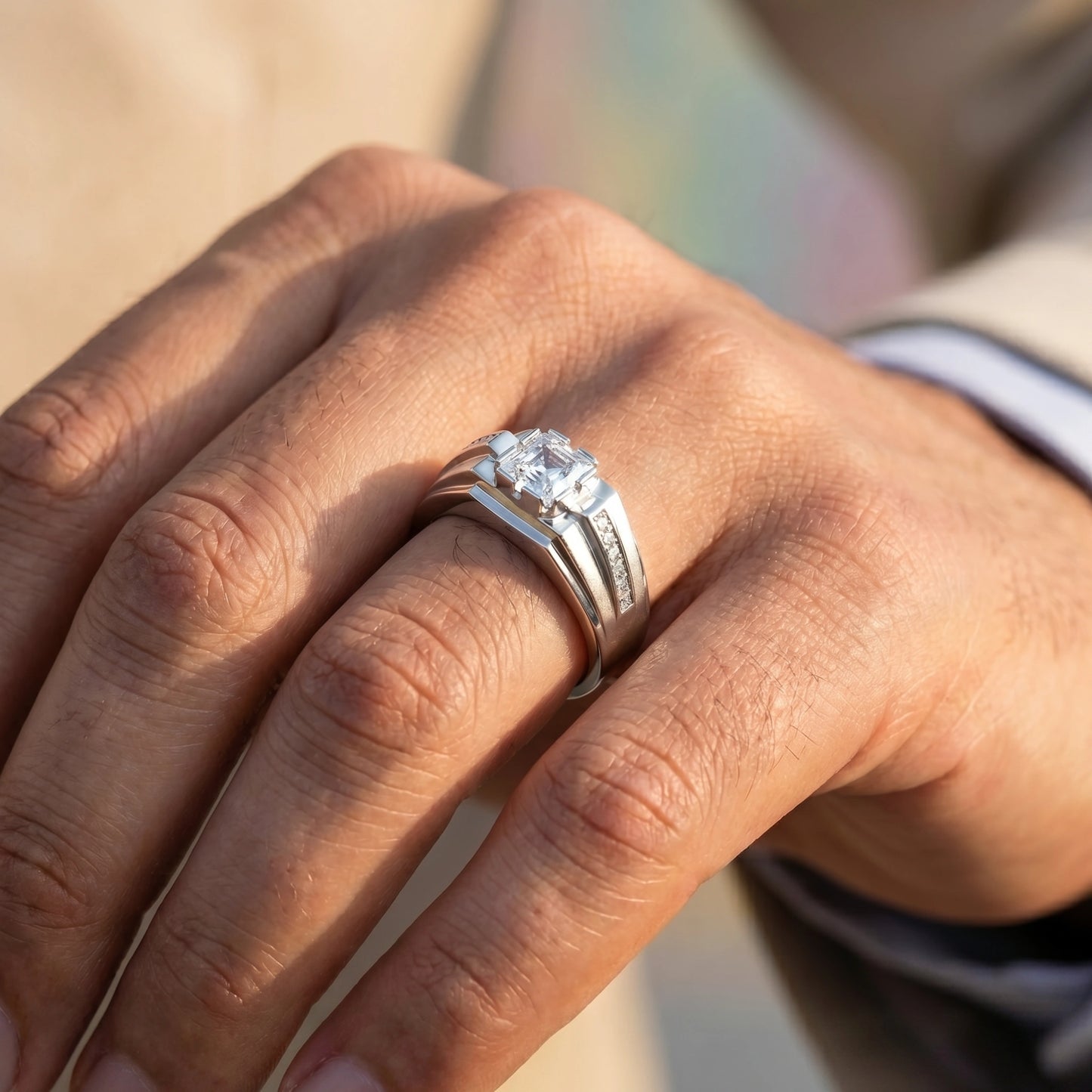 Solitaire Ring in 925 Silver Jewellery with Round Diamond Accents and Sleek Band Design
