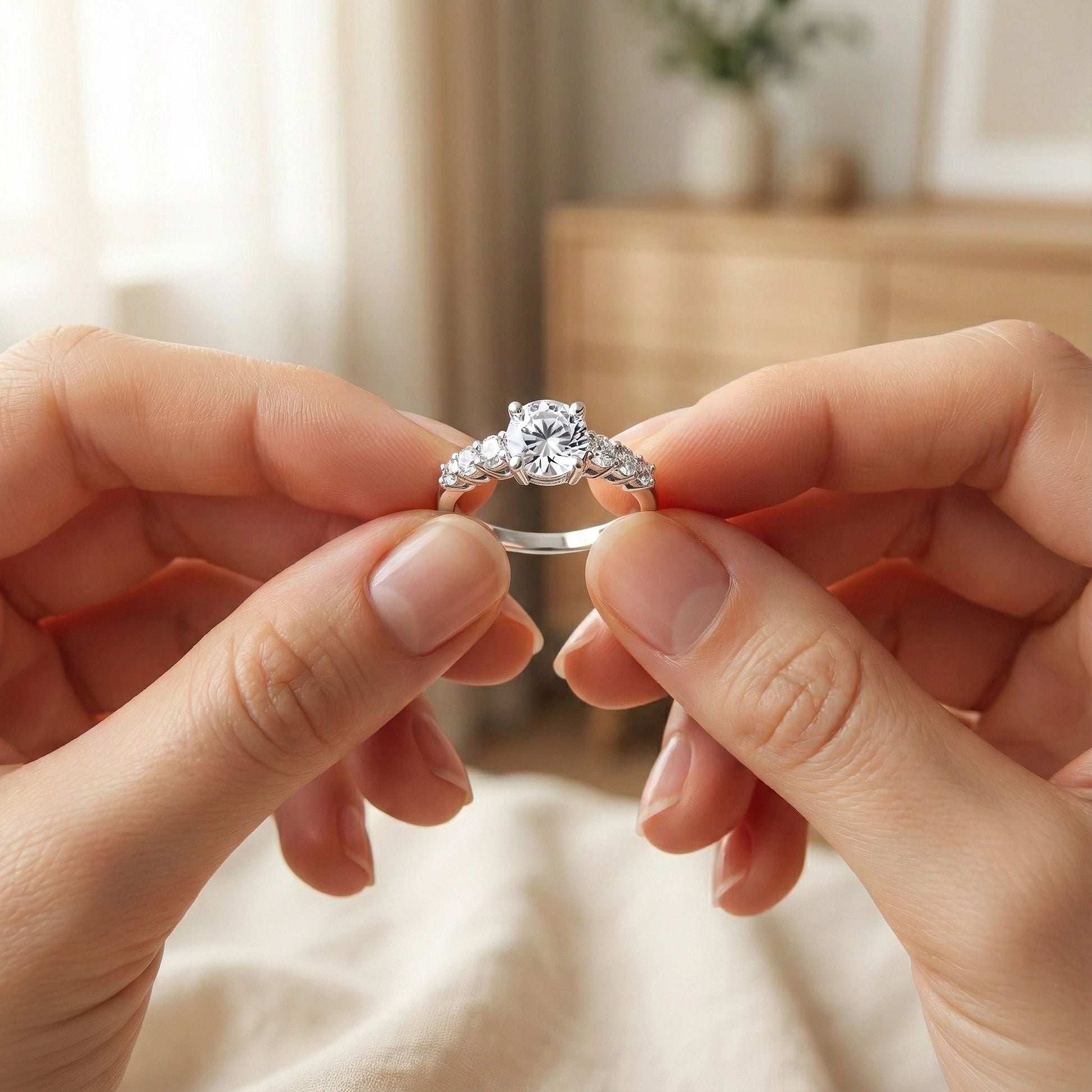 Close-up of hands holding a diamond ring with a blurred indoor background