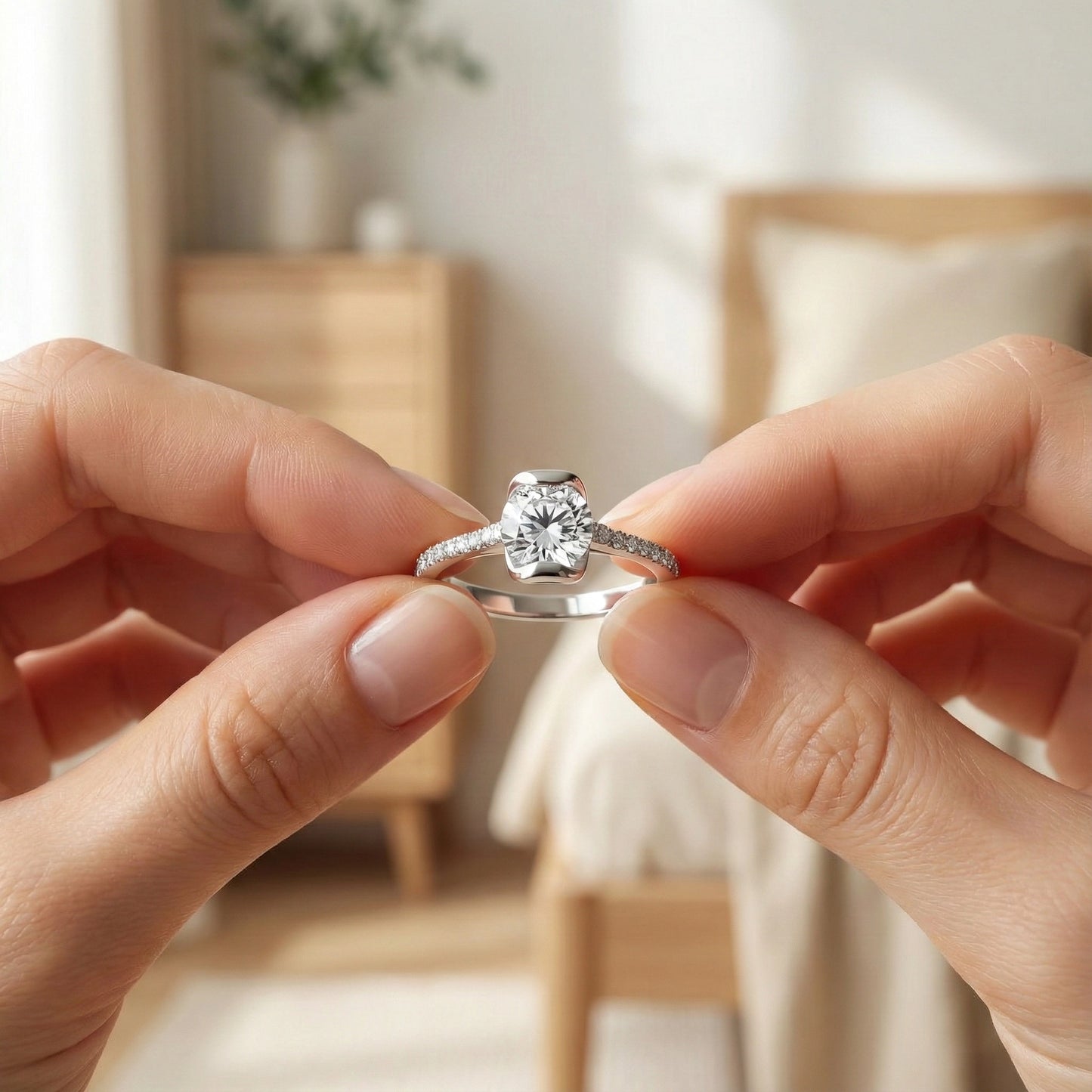 Close-up of a diamond ring held between two hands with a blurred indoor background