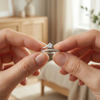 Two hands holding a silver ring with a diamond in a softly blurred indoor setting
