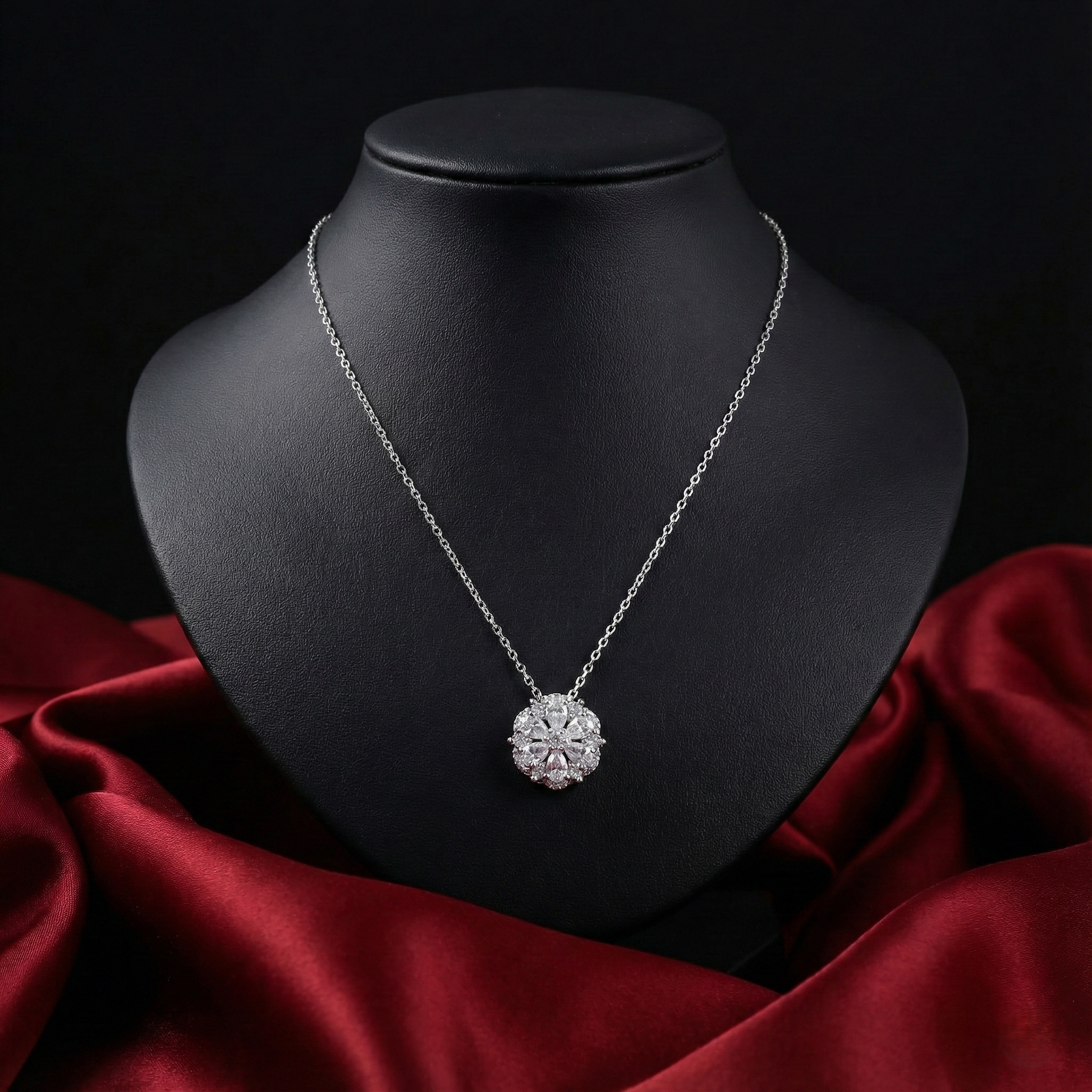 Silver necklace with a diamond pendant on a black mannequin bust against a red fabric background