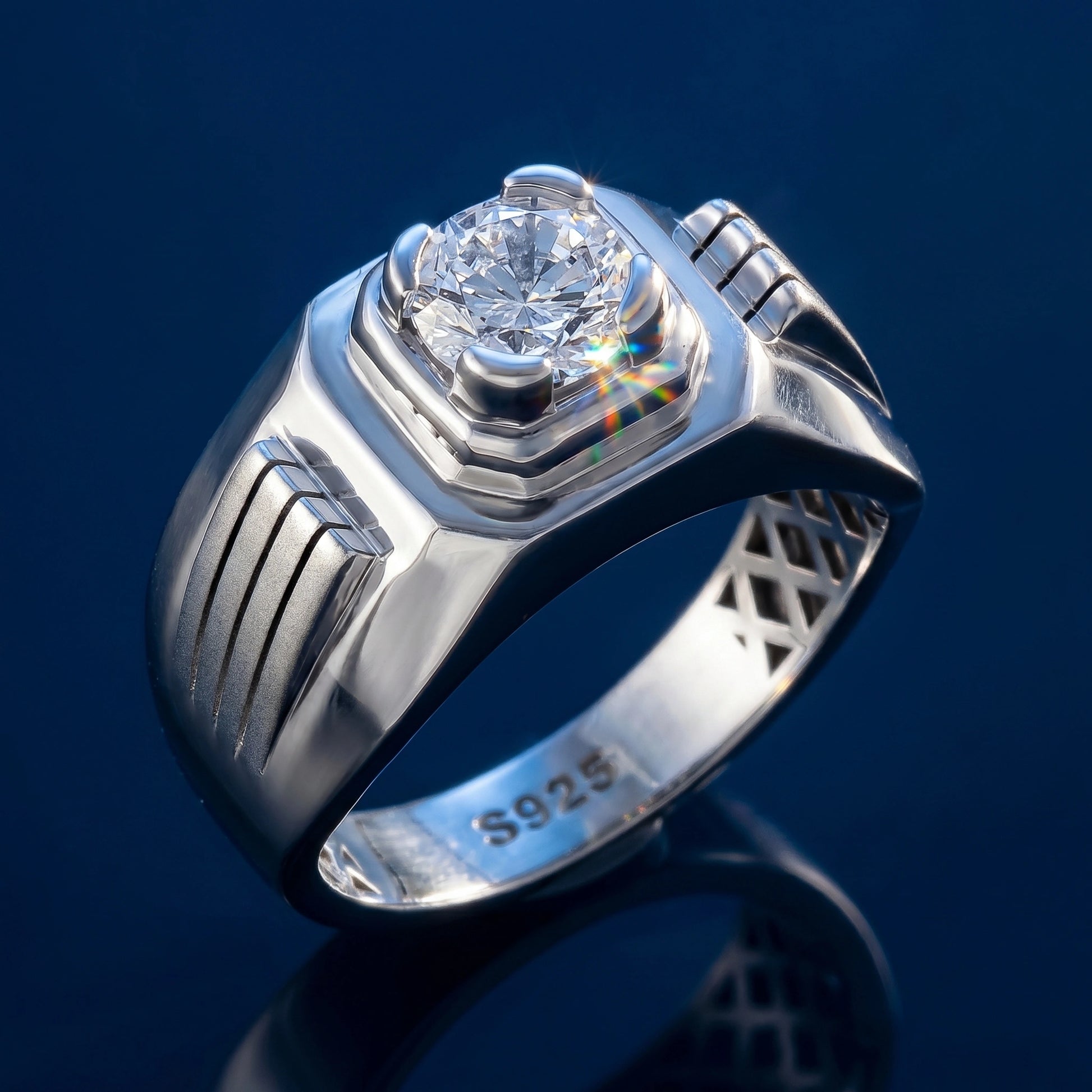 Silver ring with a diamond on a dark blue background
