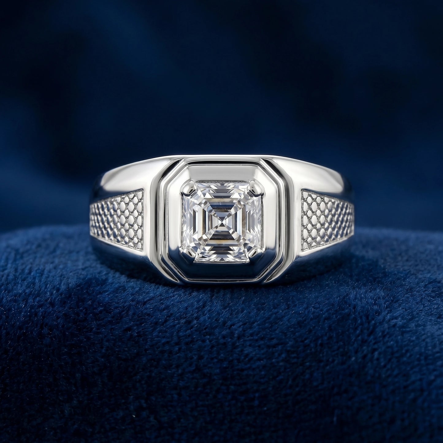 Asscher Cut Solitaire Ring in 925 Silver Jewellery with Textured Designer Band