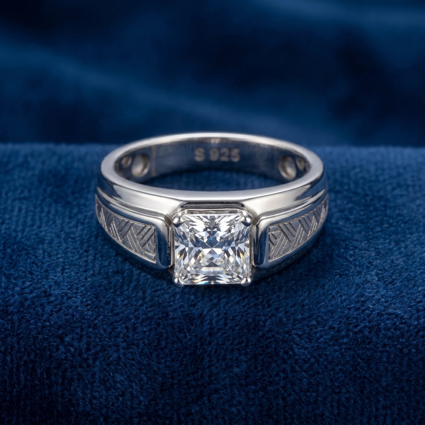 Asscher Cut Solitaire Ring in 925 Silver Jewellery with Textured Designer Band