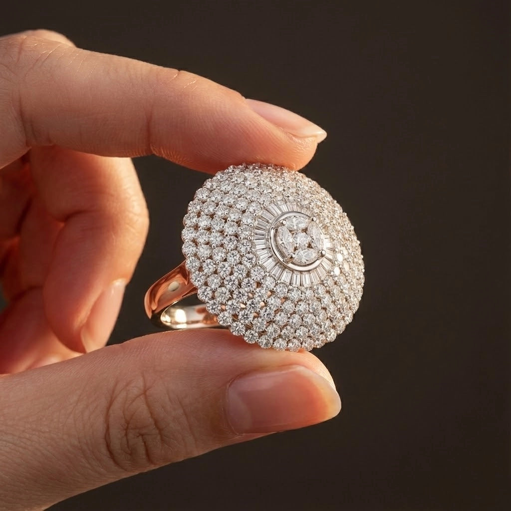 Hand holding a diamond-encrusted ring against a dark background