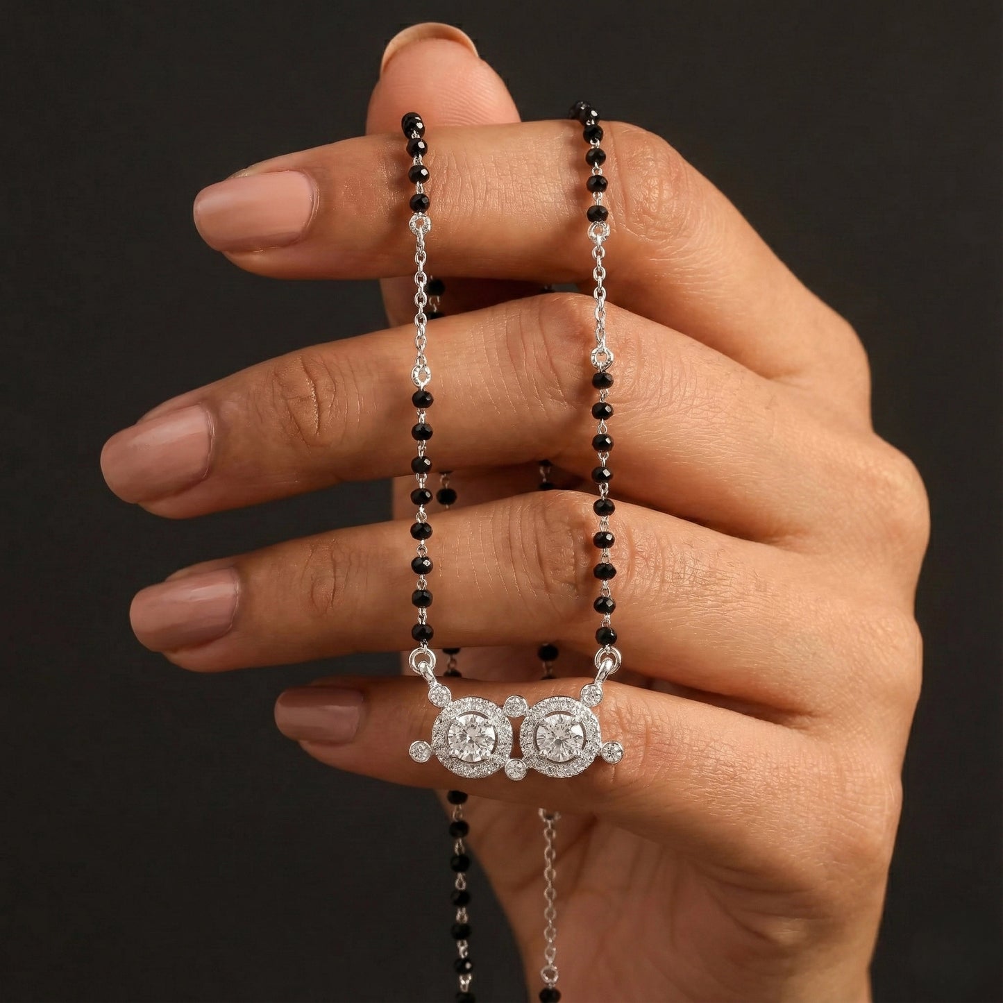 Modern black bead mangalsutra in 925 silver with double halo-style pendant