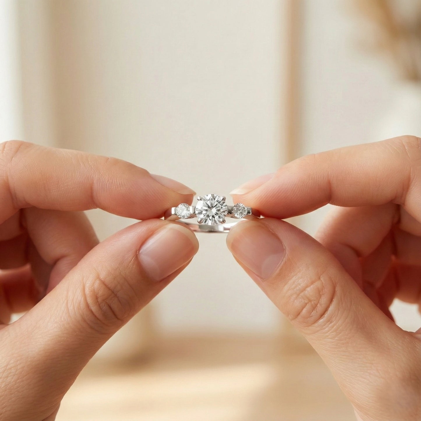 Close-up of hands holding a diamond ring against a blurred background