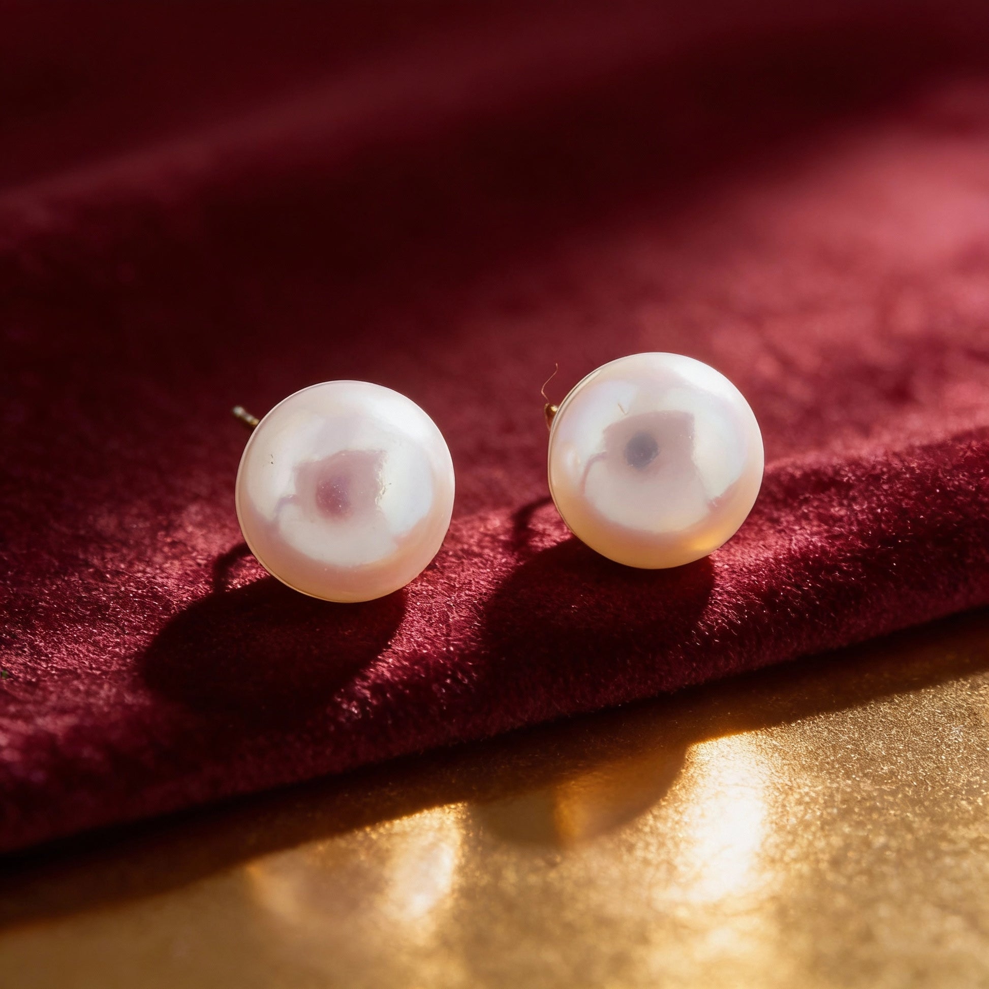 Pearl earrings on a red fabric background