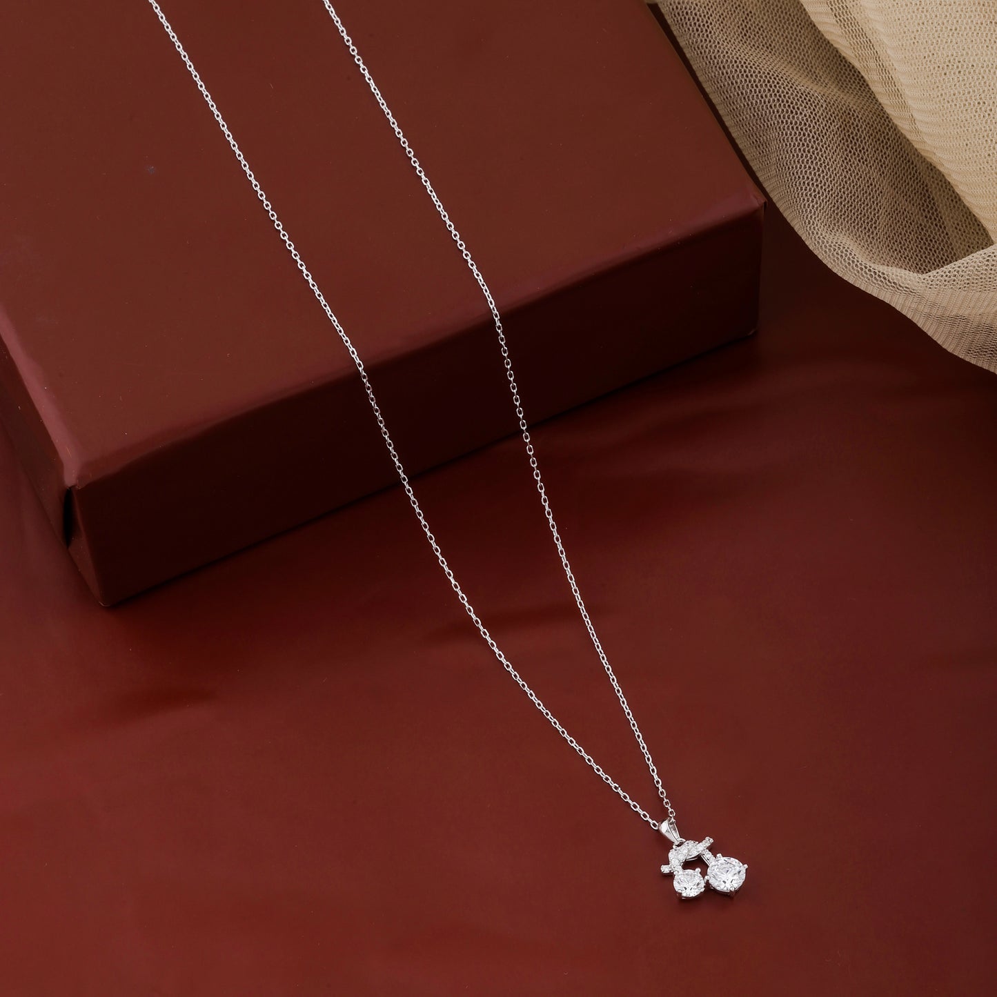 Silver Pendant Necklace with Dual Solitaire Diamonds on Long Polished Chain