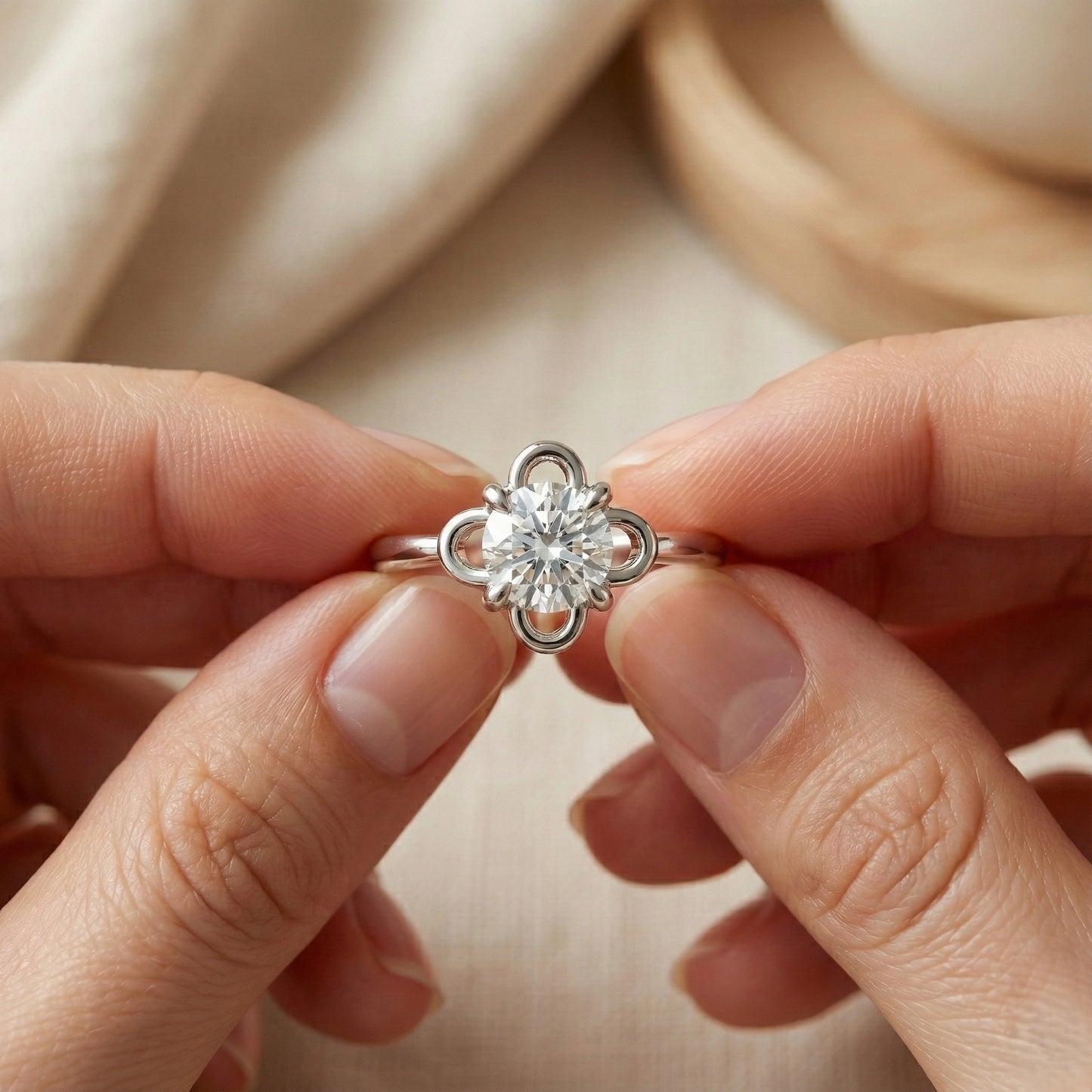 Silver ring with a diamond held between two fingers against a neutral background