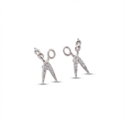 Silver scissors-shaped earrings on a white background