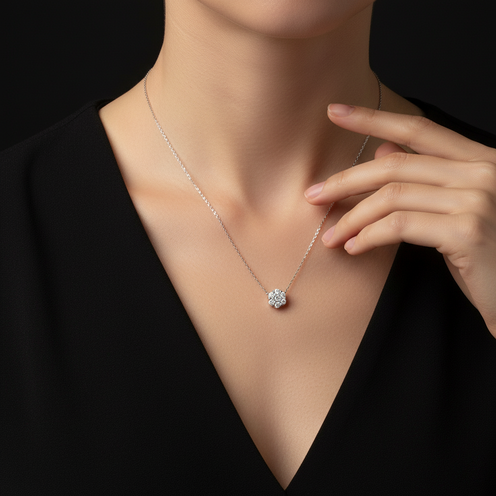 Necklace with a diamond pendant worn by a person against a black background