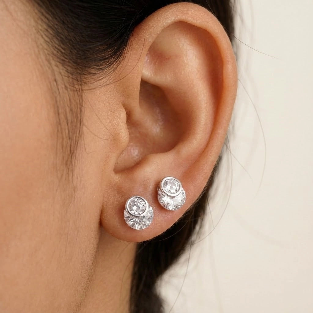 Handcrafted Luxury Silver Stud Earrings with Round Crystal