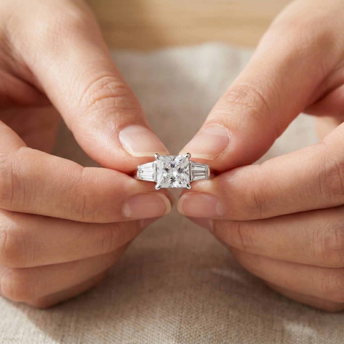 Diamond ring held between two hands on a neutral background