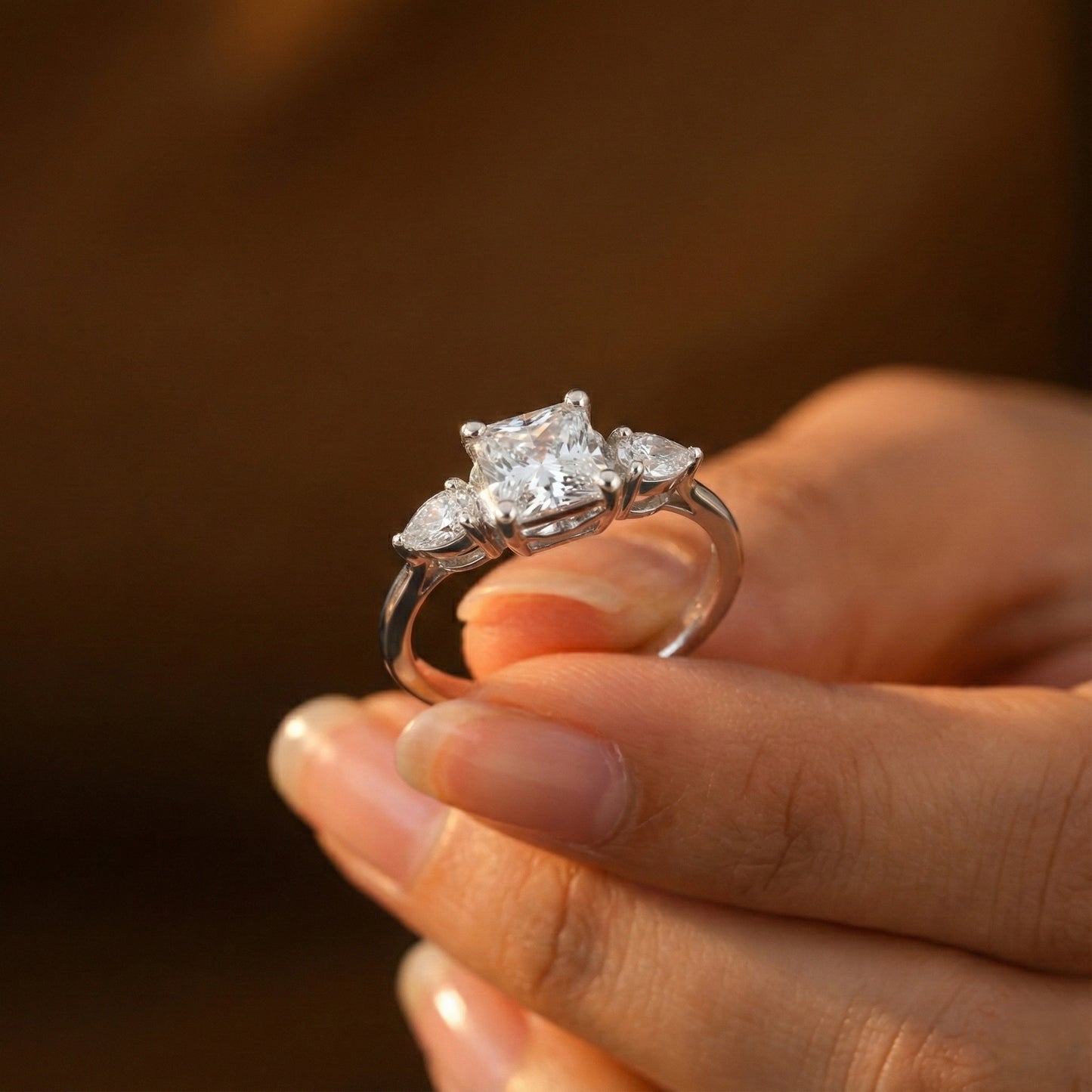 Diamond ring held in a hand against a blurred background