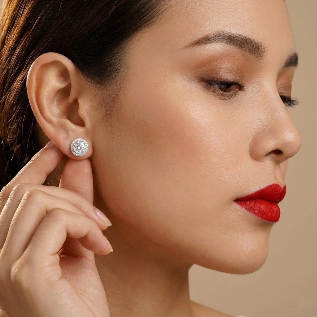Close-up of a woman wearing a diamond earring with a neutral background