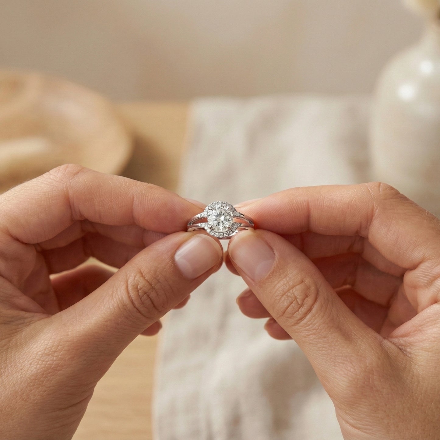 Close-up of hands holding a diamond ring against a neutral background