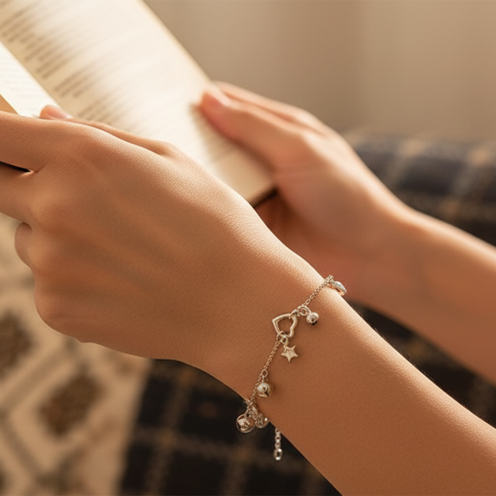 Close-up of a hand wearing a silver bracelet with charms, holding a book.