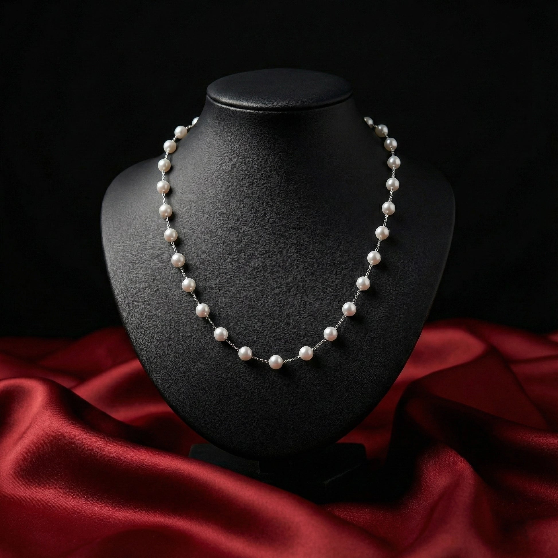 Pearl necklace on a black mannequin bust with a red fabric background