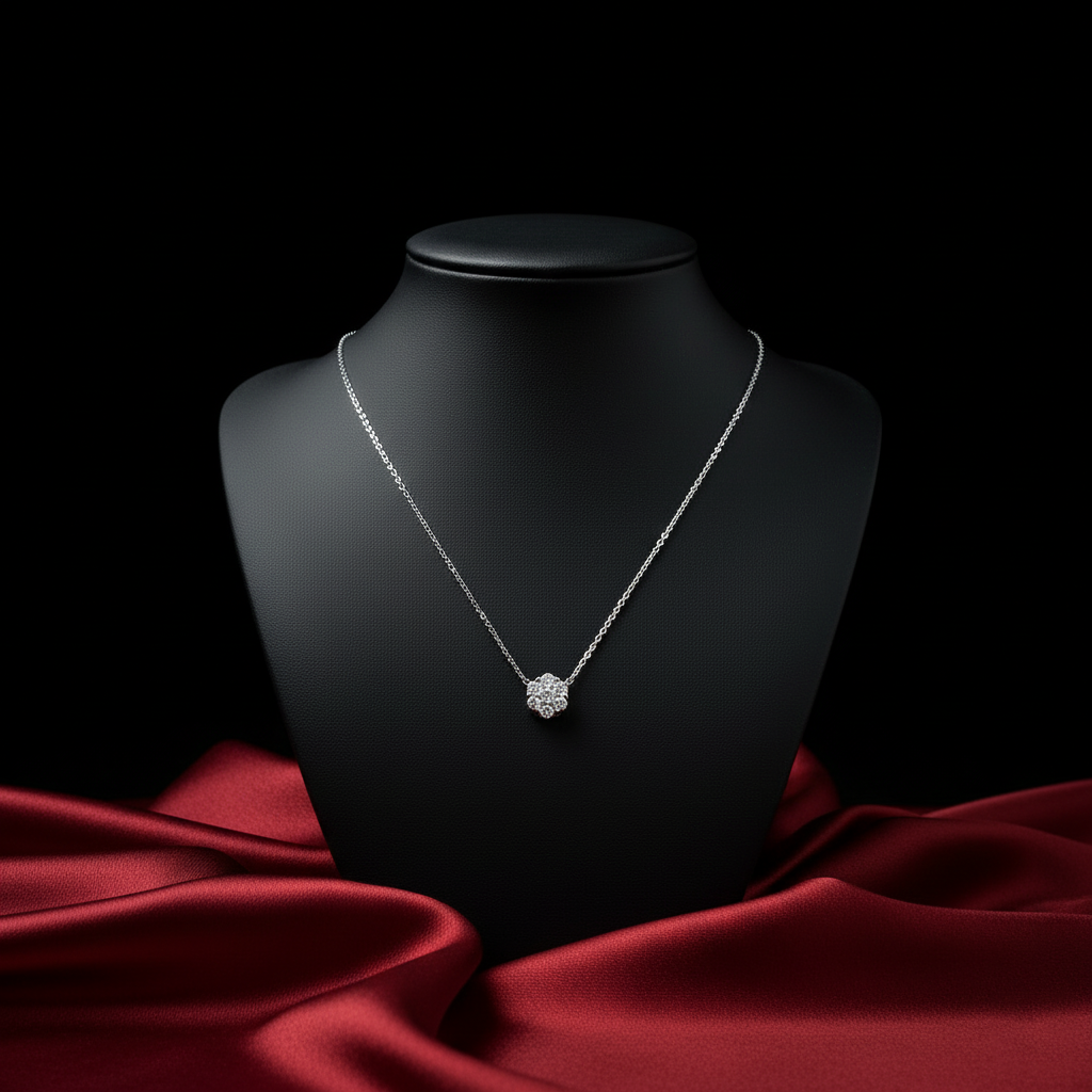 Silver necklace on a black mannequin bust with a red fabric background