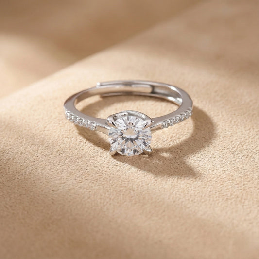 Prong set round zircon ring with pavé detailed silver band