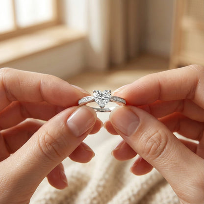 Two hands holding a silver ring with a diamond in a softly blurred indoor setting.