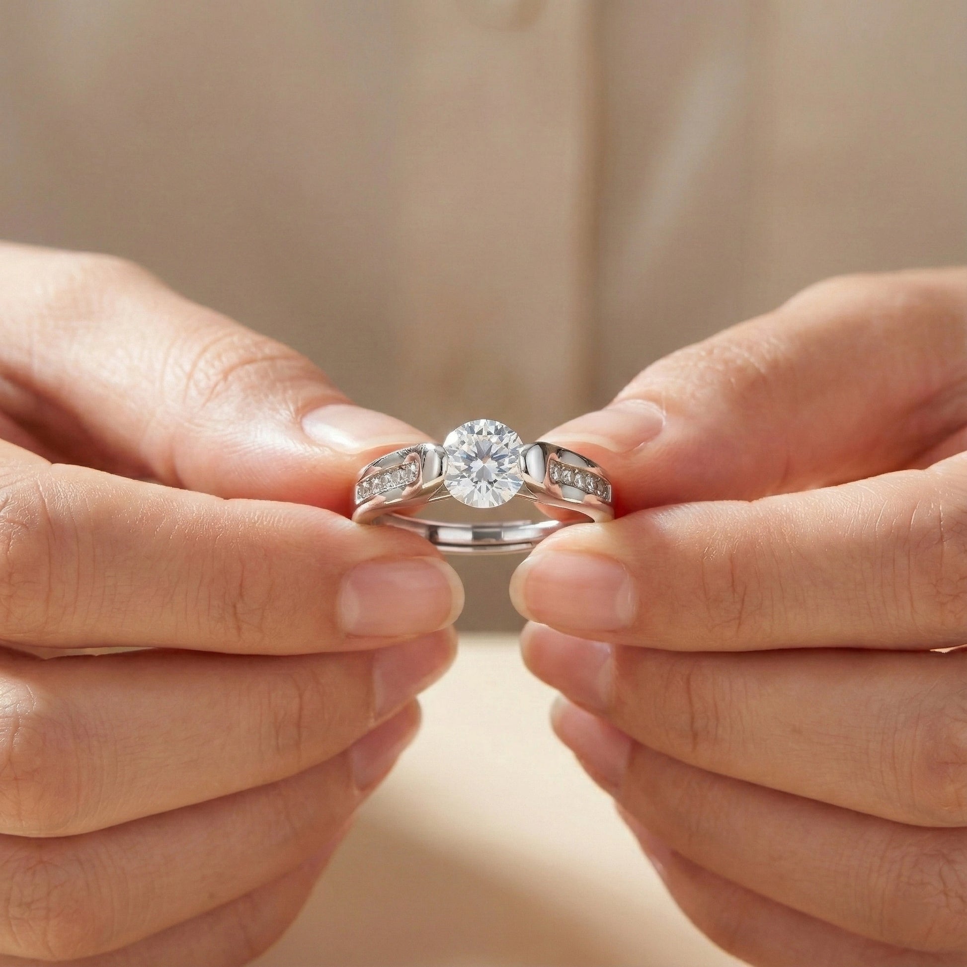 Two hands holding a silver ring with a diamond on a neutral background