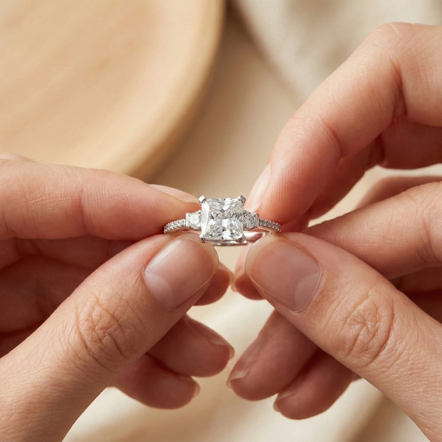 Close-up of hands holding a diamond ring against a neutral background